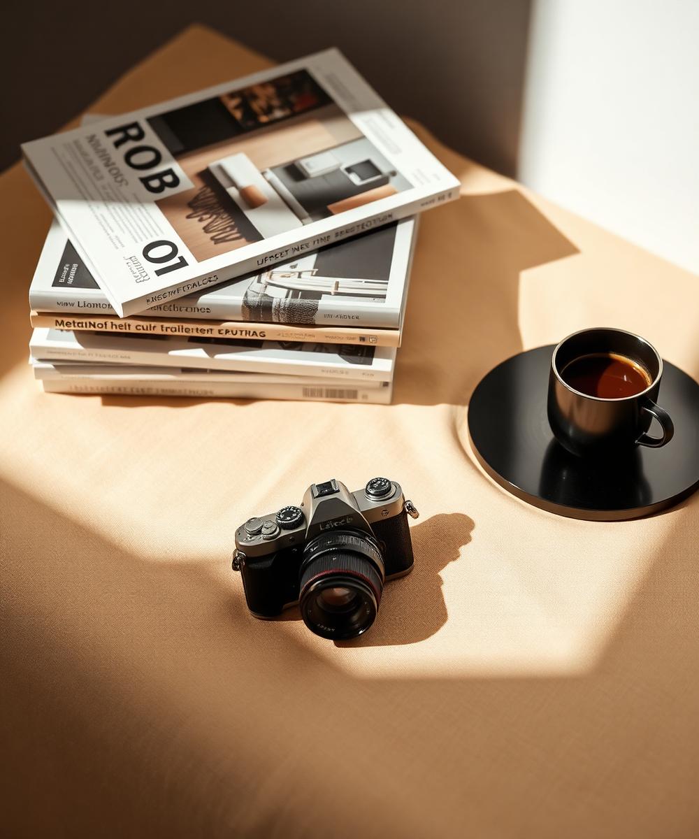 Editorial studio still life with a film camera, magazines, and espresso